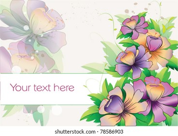 vector background of illustration of purple flowers with leaves with space strip for your text