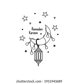 Vector background illustration. Ramadan Kareem. Islamic holiday. Muslim holy month. Greeting card, Fasting month. The moon, lamp and stars.