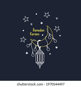 Vector background illustration. Ramadan Kareem. Islamic holiday. Muslim holy month. Greeting card, Fasting month. The moon, lamp and stars.