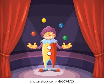 vector background illustration with red curtain and clown on arena of circus. Decoration frame for your design project.