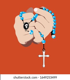 vector background illustration of religius time, people praying at the curch and hand with rosary