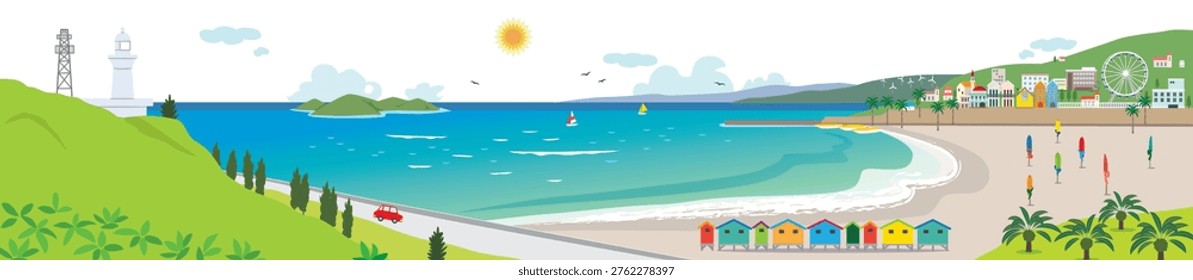 Vector background illustration of a seaside town