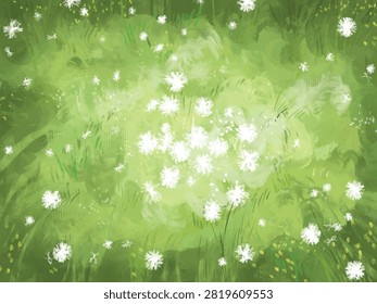 Vector background illustration showcasing a central cluster of white wildflowers on green meadow dandelions