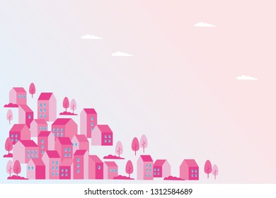 Vector background illustration of small town landscape in pink color
