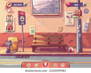 Vector background illustration Solitaire travel - game user interface window. Advertisements, missing dog flyer, bus schedule, sad cat with travel bag