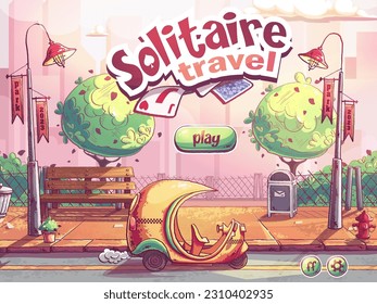 Vector background illustration Solitaire travel - main window match 3 game. Cartoon car on the background of skyscrapers, trees, a bench on the sidewalk