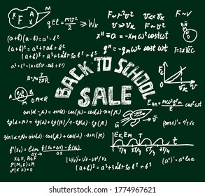Vector background. Illustration in the style of doodles. Back to school. Lettering, scientific formulas, drawings on a green Board.Scientific and educational base. For notebooks, notebooks, postcards.