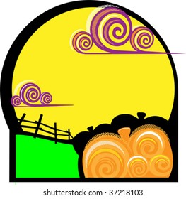 a vector, background illustration of swirling clouds and pumpkins in the moonlight
