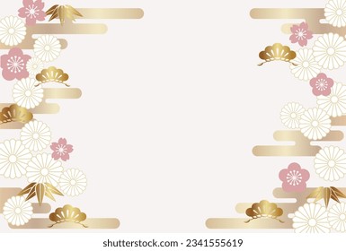 Vector Background Illustration With Text Space Decorated With Japanese Vintage Lucky Charms - Pine, Bamboo, And Plum. 