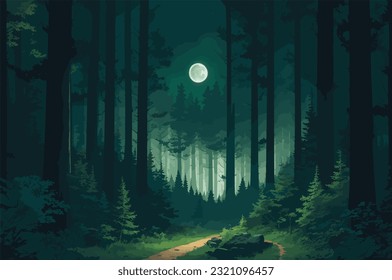 vector background illustration that depicts a nocturnal adventure in the wilderness. dark greens and forest illuminated by moonlight. towering trees, mysterious wildlife, and a winding path. Vector