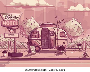 Motel de remolque de ilustración de fondo vectorial en color rosa. Para imprimir a petición, presentaciones de powerpoint y keynote, revistas y periódicos, portadas de libros.