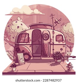 Remolque de ilustración de fondo vectorial en una parada de autobús en color rosa. Para imprimir a petición, presentaciones de powerpoint y keynote, revistas y periódicos, portadas de libros.
