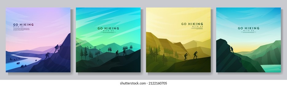 Vector background illustration. Travel concept of discovering, exploring and observing nature. Trekking. Couple of travelers climb with backpack and hiking poles. Design for web banner. Flat landscape