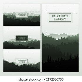 Vector background illustration. Travel discovering, exploring and observing nature. Trekking. Design for web banner set. Flat landscape with mountains and forest silhouette vintage grunge texture