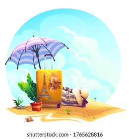 Vector background illustration travel suitcase, beach umbrella on the sand. For print on demand, commercials, magazines and newspapers, book covers, flyers