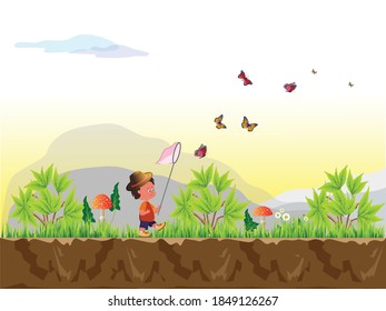 Ilustración de fondo vectorial con árboles, arbustos, flores, mosca agaric y personaje - entomólogo de niños atrapando mariposas. Para video, diseño web, juegos, impresos, revistas, libros y afiches.