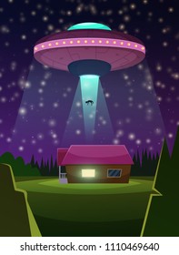 Vector background illustration of ufo. Spacecraft invasion man, flying spaceship