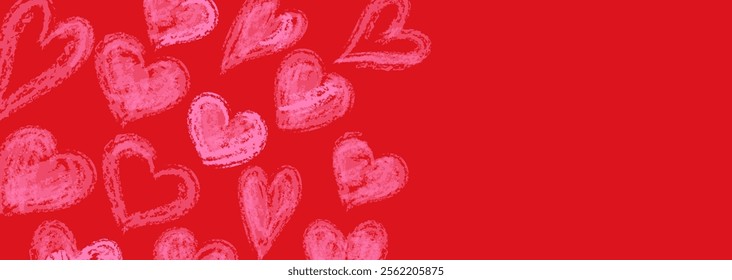 A vector background illustration of various heart shapes with a crayon-like texture.