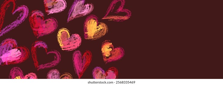 A vector background illustration of various heart shapes with a crayon-like texture.