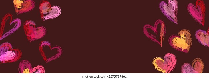 A vector background illustration of various heart shapes with a crayon-like texture.