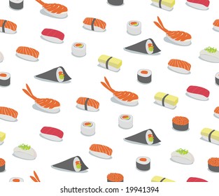 Vector background illustration of various types of sushi in iconic style. Retro Seamless Pattern.