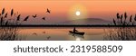 Vector background illustration, view of a boat with a man on the lake against the backdrop of the sun, flying birds and reed silhouettes, ecology, nature, flora, fauna, national parks.
