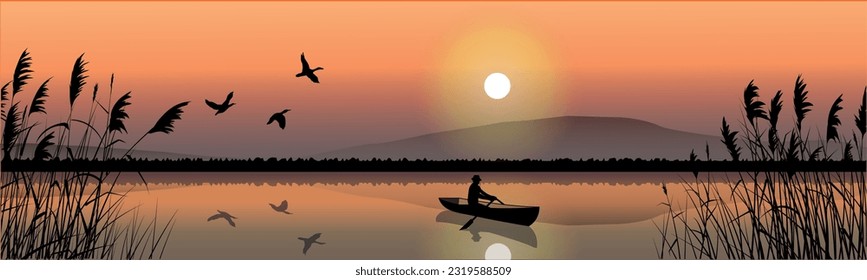 Vector background illustration, view of a boat with a man on the lake against the backdrop of the sun, flying birds and reed silhouettes, ecology, nature, flora, fauna, national parks.
