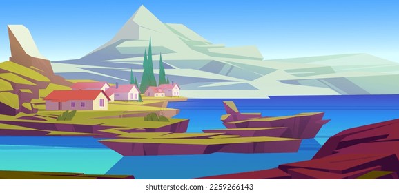 Vektorhintergrund mit Haus in der Nähe des Flusses. Cartoon-Szene mit Berg in der Nähe von Bucht und Landschaft. Grünes Land auf Felsen mit blauem Wasser im Mittelmeer.