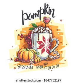 Vector background illustration the Warm Autumn. A mug with marshmallows and hot chocolate, pumpkin, candle stub, coffee beans. For print on demand, magazines and newspapers, book covers.