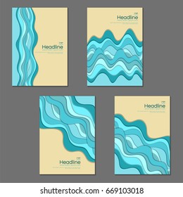 Vector background illustrations of abstract beach with sea waves and sand. Summer holidays vacation templates cartoon design set. Flyer, poster, cover layouts collection. Curve lines, blue stripes.