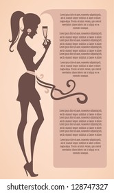 vector background with image of beautiful girl, cocktail and speech bubble