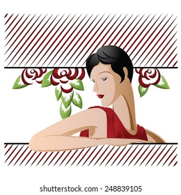 vector background with the image of a beautiful girl among the flowers.
