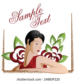 vector background with the image of a beautiful girl among the flowers.