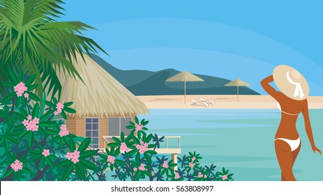 Vector background with the image of the beautiful suntanned girl in an environment of tropical vegetation. Summer sea landscape.