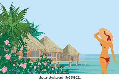 Vector background with the image of the beautiful suntanned girl in an environment of tropical vegetation. Summer sea landscape.