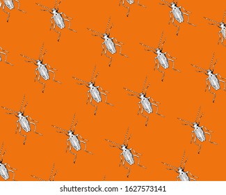 Vector background with the image of beetles on a warm lava color. Stylish image of modular 