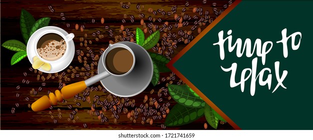 Imagen de fondo vectorial del café en un turco y en una taza con una dispersión de granos de café. El concepto de pasar un buen rato en el aislamiento o en las instalaciones de ocio. Con una caja para tu inscripción
