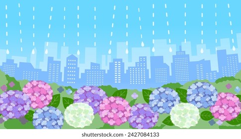 vector background image of colorful hydrangea flowers in the town  with rain drops