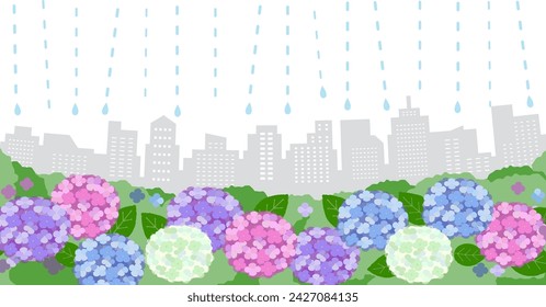 Vektor-Hintergrundbild von bunten Hortensienblumen in der Stadt mit Regentropfen