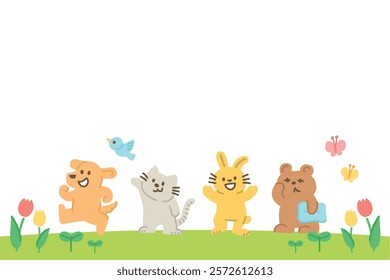 Vector background image of cute animal characters enjoying springtime