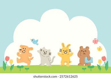 Vector background image of cute animal characters enjoying springtime