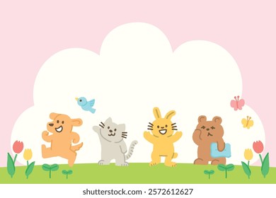 Vector background image of cute animal characters enjoying springtime