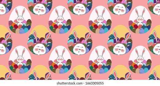 Vector background image of a cute rabbit, his funny face and his colorful Easter eggs