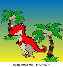 Vector background image. Dinosaur and palm trees, cartoon character. Illustration for children. Use printed materials, signs, items, websites, maps, posters, postcards, 