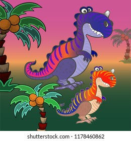 Vector background image. Dinosaur and palm trees, cartoon character. Illustration for children. Use printed materials, signs, items, websites, maps, posters, postcards, 