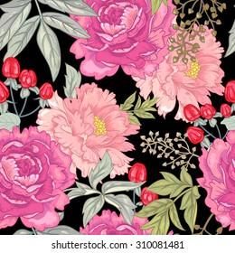 Vector background with the image of garden flowers peony, roses, ornamental grasses and berries. Seamless pattern. Floral ornament. Victorian style. Vintage. 