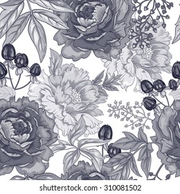 Fondo vectorial con la imagen de flores de jardín peonía, rosas, hierbas ornamentales y bayas.Patrón sin problemas. Ornamento floral. De estilo victoriano. Vintage. 