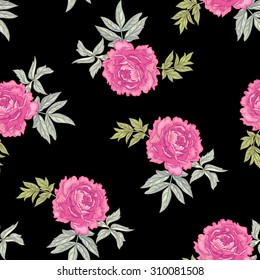 Vector background with the image of garden flowers peony, roses, ornamental grasses and berries. Seamless pattern. Floral ornament. Victorian style. Vintage. 