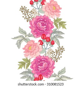 Vector background with the image of garden flowers peony, roses, ornamental grasses and berries. Seamless pattern. Floral ornament. Victorian style. Vintage. 