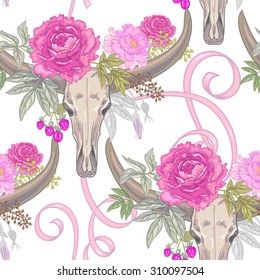 Vector background with the image of garden flowers peony, roses, ornamental grasses, berries, ribbons, buffalo skulls. Seamless pattern. Victorian style. Vintage.